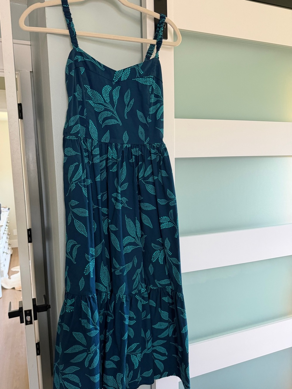 J. Crew Teal and Aqua Leaf-Print Sundress